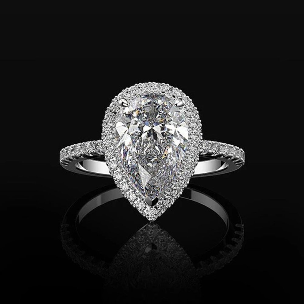 Elegant Water Drop Bright Zircon Thin Pear Wedding Ring for Women, PD510